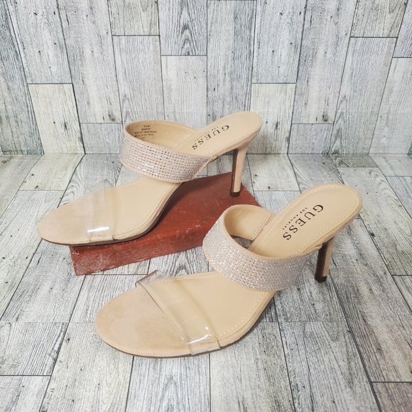 Women's GUESS Mia Double Strap Sparkly Kitten heels. Beige with clear strap 6.5M - Picture 2 of 14